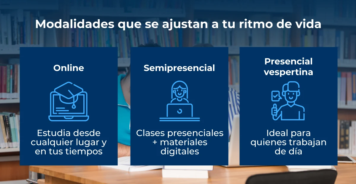 Modalidades disponibles: online, semipresencial y presencial vespertina, adaptadas a diferentes rutinas.