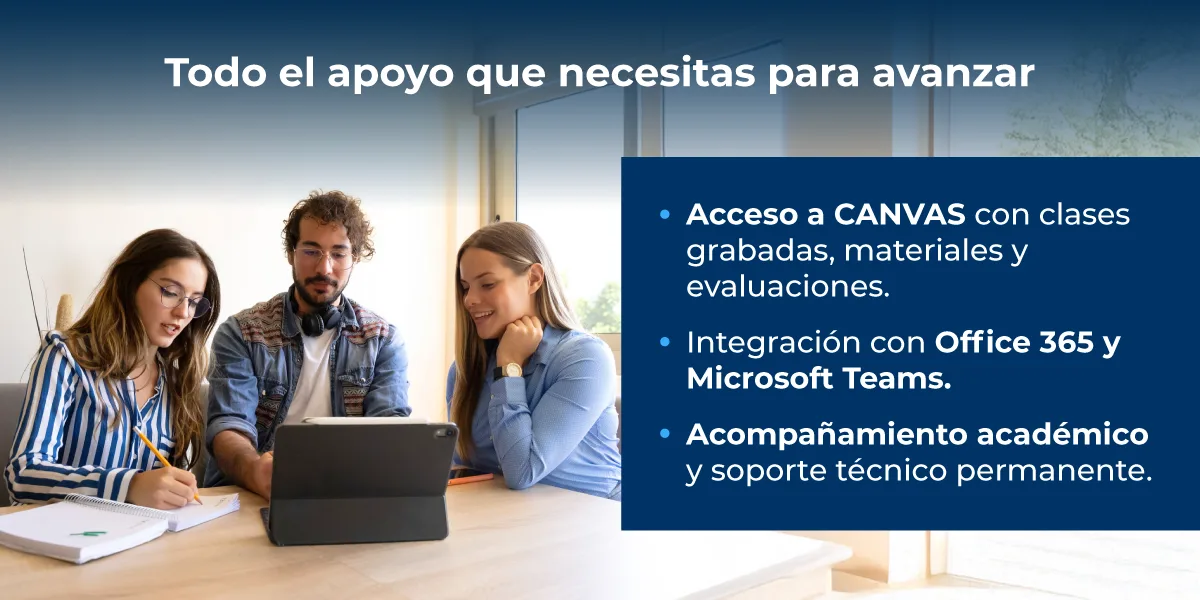 Apoyo académico: acceso a CANVAS, Office 365, Microsoft Teams y soporte permanente.