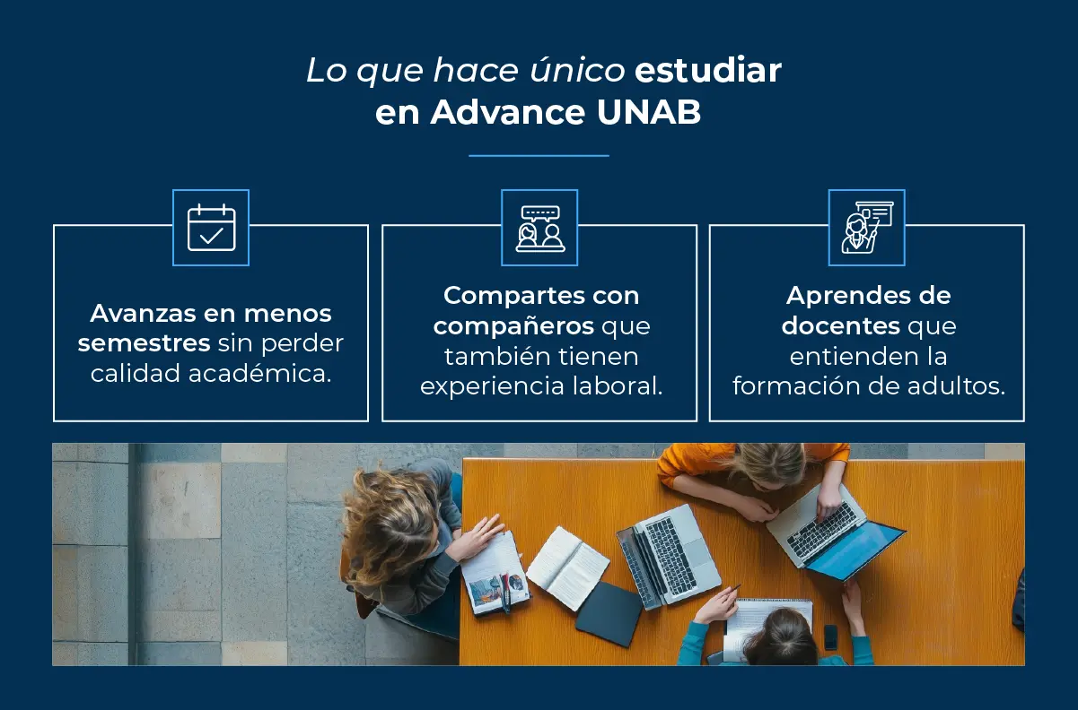 Avanzas en menos semestres, compartes con adultos con experiencia y aprendes de docentes especializados.