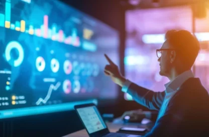 ingeniero de datos revisando datos en pantalla gigante