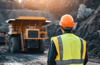 Ingeniero en minas en terrenos junto a camión caex