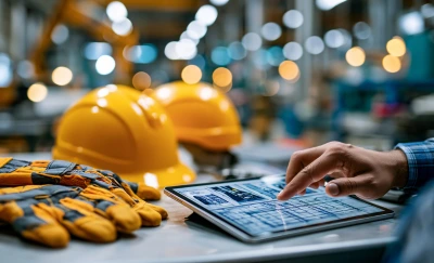 Industrial workbench scene with yellow hard hats and gloves; a person points at blueprints on a tablet.