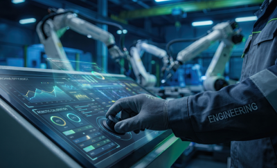 Close-up of a gloved hand turning a dial on a touchscreen control panel displaying charts, with robotic arms in a high-tech factory in the background.